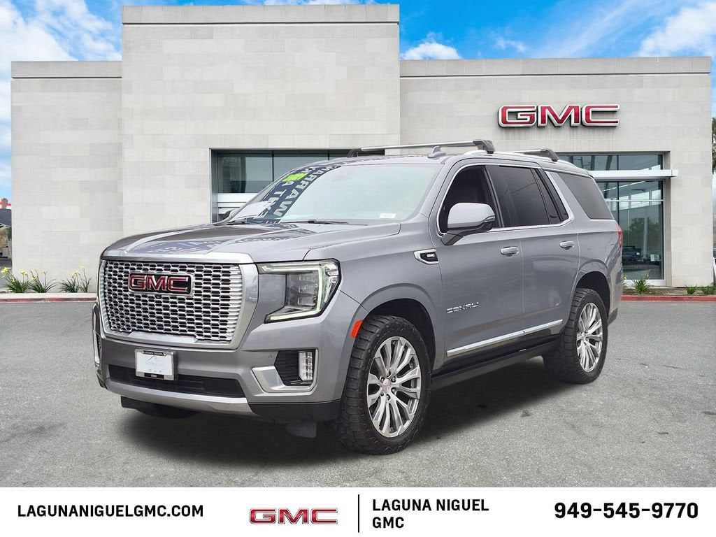 2021 GMC Yukon Denali in Satin Steel Metallic — front three-quarter view